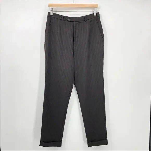 Reformation Brown Pinstripe Straight Pull-On High Waist Slack Office Crop Pant 6 - Picture 1 of 6